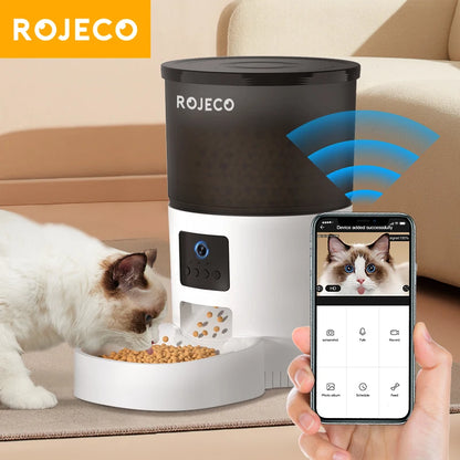 ROJECO Automatic Cat Feeder Camera Video Cat Food Kibble Dispenser Pet Smart Voice Recorder Remote Control Auto Feeder For Dogs