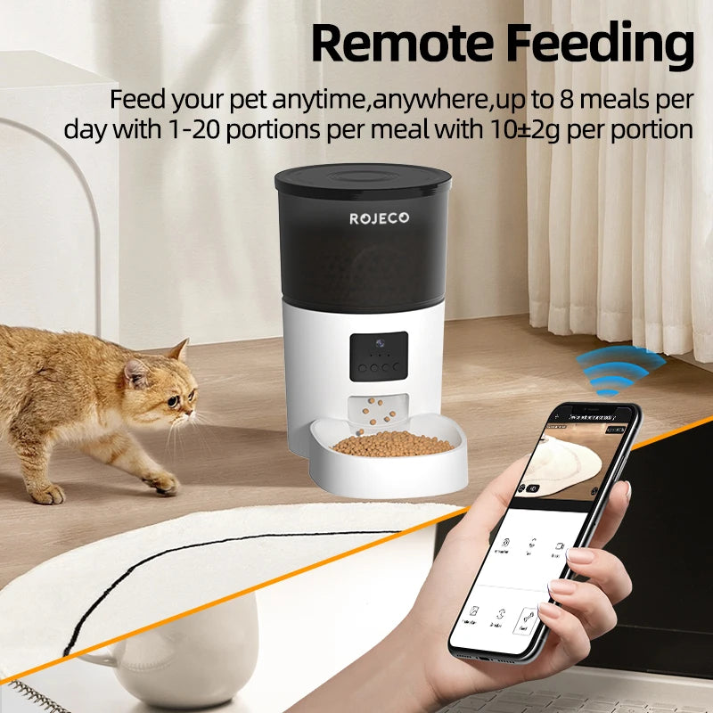 ROJECO Automatic Cat Feeder Camera Video Cat Food Kibble Dispenser Pet Smart Voice Recorder Remote Control Auto Feeder For Dogs