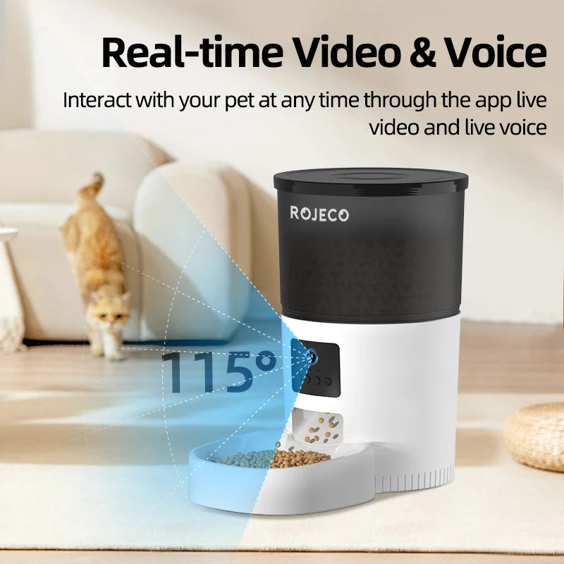 ROJECO Automatic Cat Feeder Camera Video Cat Food Kibble Dispenser Pet Smart Voice Recorder Remote Control Auto Feeder For Dogs